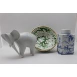 A Royal Dux porcelain figure of an elephant, together with a Paragon bowl, dragon decorated, 20cm in