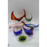 A collection of seven studio glass bowls, various colours in amorphic shapes (7)