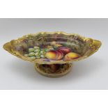 A Royal Worcester 'painted fruit' comport by Thomas Lockyer, shaped oval form with gilded rim,