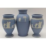 A pair of 20th century Wedgwood Jasperware vases, light blue dry body, with applied white