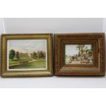 Two 19th century painted porcelain plaques, one depicts a horse drawn carriage on the drive of a