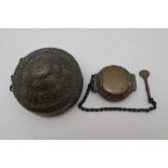 A Thimmi, Ceylonese lime container, for Betel taking, the decorative two section box with chain