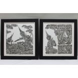A pair of Indonesian Batik type panels, depicting classical figures in traditional costume, the