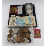 A collection of assorted GB coins, pennies including 1936, also bank notes and medals