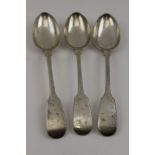 William Eaton, three silver fiddle pattern table / soup spoons, London 1837, combined weight: 222g