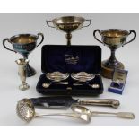 Mills & Co. A late Victorian silver pair of boat form salts, Birmingham 1891, and pair of