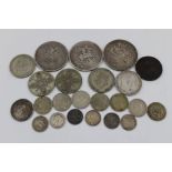 A Victorian 1898 silver crown coin, two William III silver crowns, 1819 and 1820, other GB coins