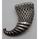 Joseph Wilmore, an early Victorian silver cornucopia posy holder, with attachment clip, basket weave