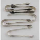 Five pairs of silver sugar tongs, including a Kings pattern example, London 1877, a Georgian pair