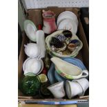 A box containing a selection of useful domestic items to include; part pottery tea service,
