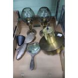 Three brass lights various together with three hallmarked silver dressing table top items