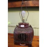 An oriental lacquer work basket with plated swing handle converted to a table lamp, 26 cm high,