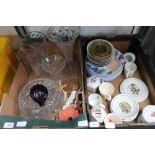 Two boxes containing a selection of domestic pottery and glassware, together with a wall mountable