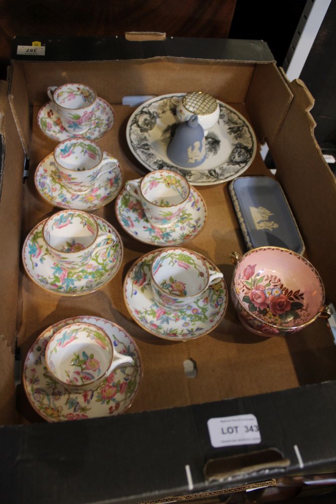 A box containing a selection of useful domestic collectible china wares to include six Minton coffee