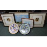Two handpainted continental pottery plaques, together with a series of decorative prints to