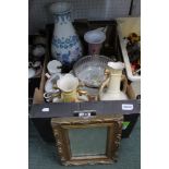 A box containing a selection of domestic pottery and glassware and a small gilt framed wall mirror