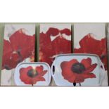Three modern graphic canvas prints of stylised poppies together with two poppy trays