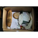 Box of linen and associated items