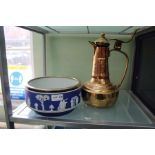 A Wedgwood Jasperware salad bowl with plated rim, and a middle Eastern copper / brass coffee pot