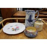 A Worcester teapoy, a blue & white jug, and a floral plate & bowl