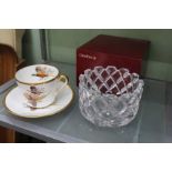 Orrefors lead crystal bowl in original box, and a pheasant decorated large breakfast cup