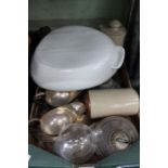 A box of domestic items to include oil lamp, !