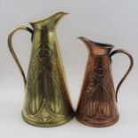 A tapering copper Art Nouveau jug, embossed stylised floral decoration,