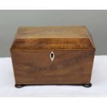 A 19th century mahogany and satin wood banded sarcophagus tea caddy