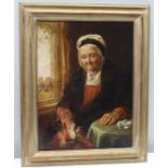 Early 19th Century oil on canvas, relined, Elderly Lady with bouquet of flowers seated by a window.