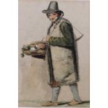 19th century Continental School, watercolour study of an oyster vendor