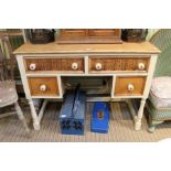 A part painted light oak knee hole desk with four drawers