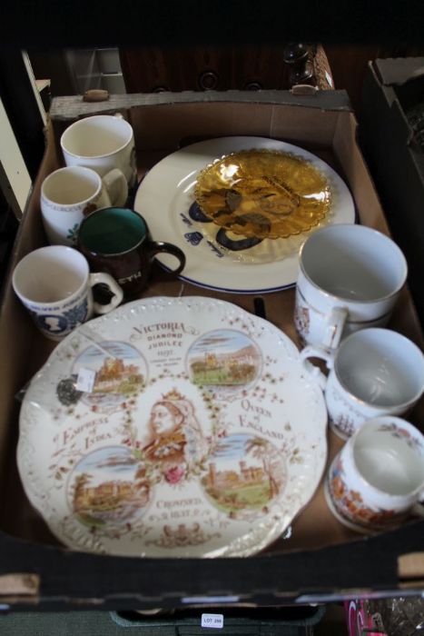 A selection of printed commemorative wares, and a 1937 Coronation pin badge