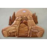 An American mixed wood 3D collage of two howling wolves