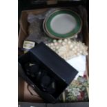 A box containing a tapestry style bell pull, a cased pair of Zenith field 5.5 binoculars