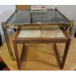 A brass effect metal framed square coffee table, smoked glass insert, together with tile topped cof