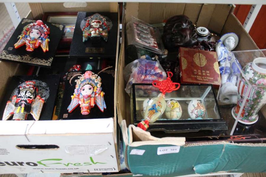 Two boxes of Eastern collectables in a variety of medium