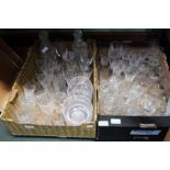 Two tray boxes containing a quantity of table glass, includes decanters,