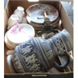 A box containing floral tea set, German beer jug, Oriental plates, etc