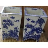 A pair of Oriental hand painted blue & white square formed planters