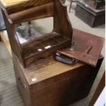 An oak box, a small oak desk top book stand, and a leather case