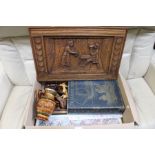 A box that includes an oak carved panel, book boxes, auctioneers’ gavel, corkscrews etc.