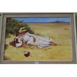 Roy F. Palmer, late 20th century oil on board of a mother and her daughter, reclining on a sandy bea