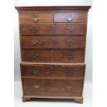 A 19th century oak fronted chest on chest five over two within pine carcass on plain feet approx 168