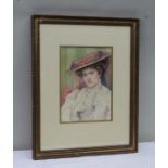 Edwardian European School, portrait of a lady wearing a straw hat, 26cm x 19cm, gilt framed, mounted