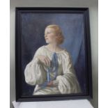 Sage, 20th century European School, "Portrait of a Lady" (in a white gown with blue tassel) oil on c