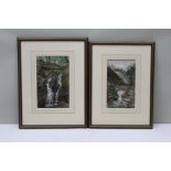 Two watercolour paintings of waterfalls with foot bridges