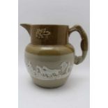 A late Victorian stoneware harvest ale jug, having moulded long dog handle and applied bucolic scene