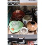 A box of mixed domestic items, to include pewter tankards and carnival glass