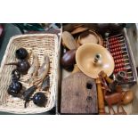 A box and a basket containing carved wooden wares, carved horn,