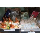 Two boxes of domestic glassware, together with a series of empty Wade Bells whisky decanters